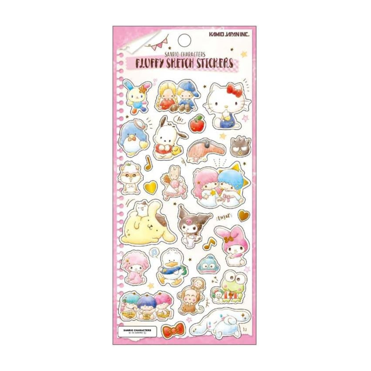 Sanrio Characters Fluffy Sketch Stickers — Gold Foil Washi Sticker Sheet, Pink (Kamio)
