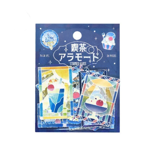 Stained glass stickers with colorful, holographic designs on a blue background