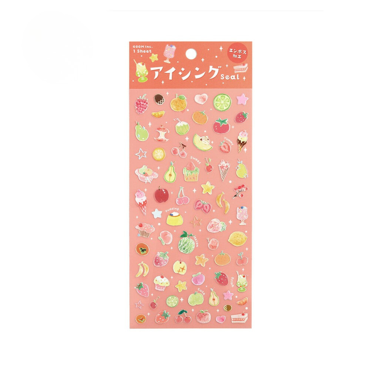 Sheet of decorative stickers with various fruit designs on a clear background