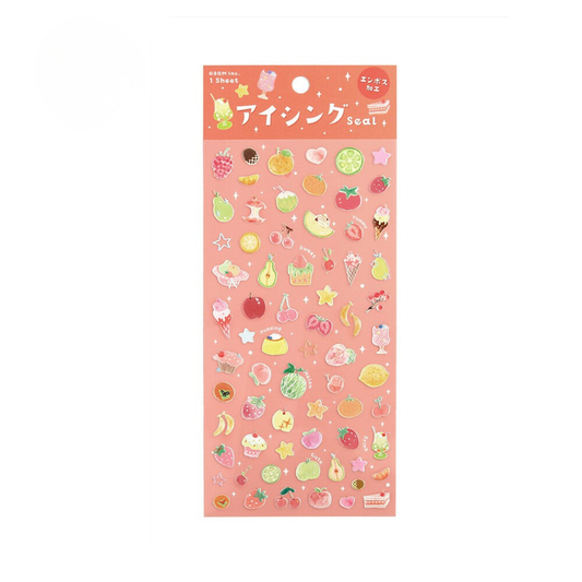 Sheet of decorative stickers with various fruit designs on a clear background