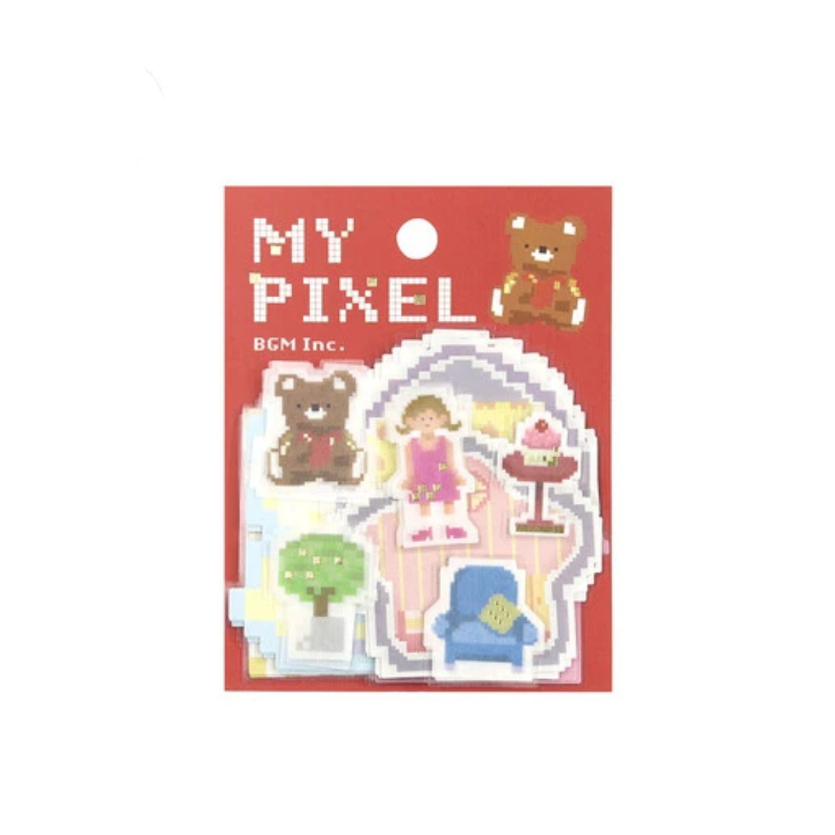 Pack of stickers with pixel art design on a red background, featuring bears and a person.