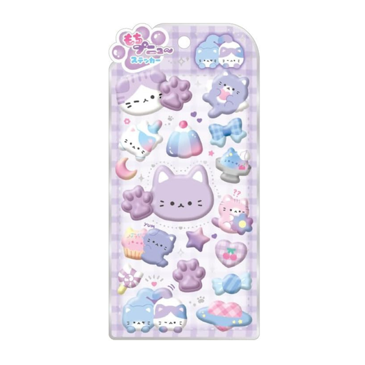 Kawaii-themed 3D sticker sheet with pastel-colored cats and squishy paw stickers