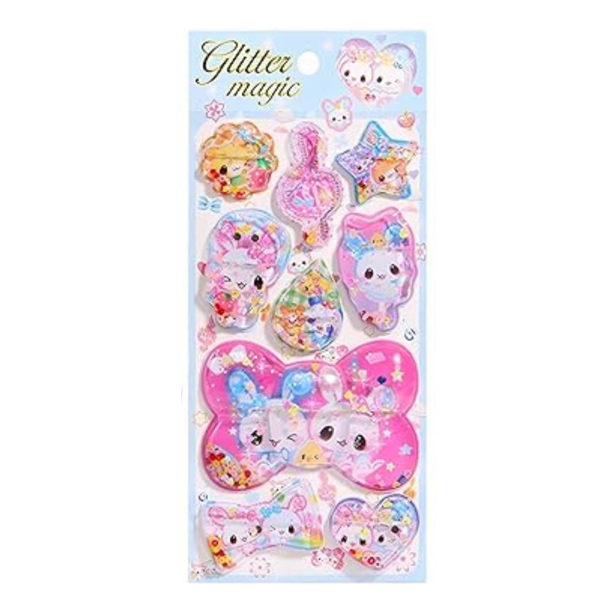 Pack of glittery stickers with cartoon characters on a white background