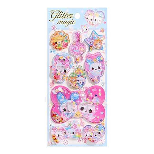 Pack of glittery stickers with cartoon characters on a white background