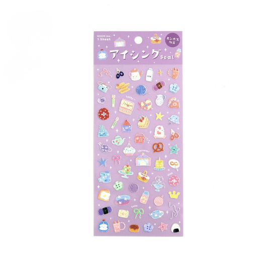 Sheet of decorative stickers with various small illustrations on a purple background
