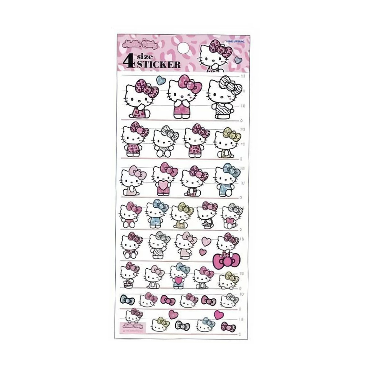 Sheet of Hello Kitty stickers with various poses with pink leopard print details on a clear background