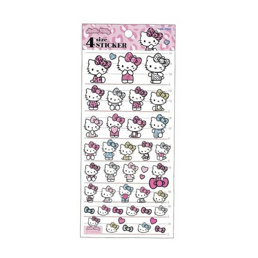 Sheet of Hello Kitty stickers with various poses with pink leopard print details on a clear background