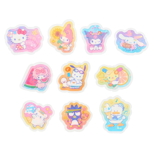 Pack of colorful summer sticker flakes featuring a variety of Sanrio characters