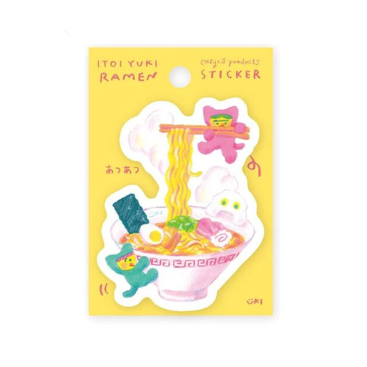 Packaged sticker with cartoon characters eating ramen on a yellow background