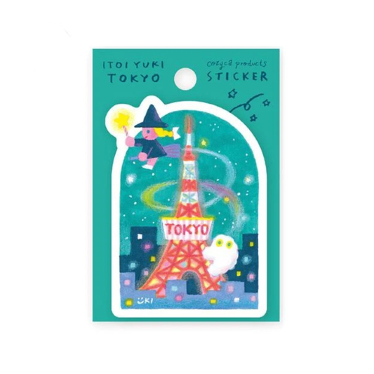Sticker with Tokyo Tower design on a green card