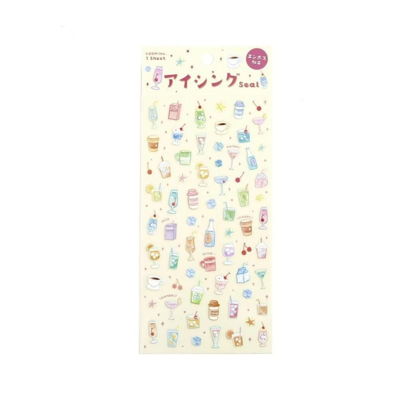 Decorative paper sheet with colorful drink illustrations on a white background