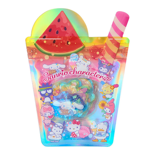 Pack of colorful summer sticker flakes featuring a variety of Sanrio characters