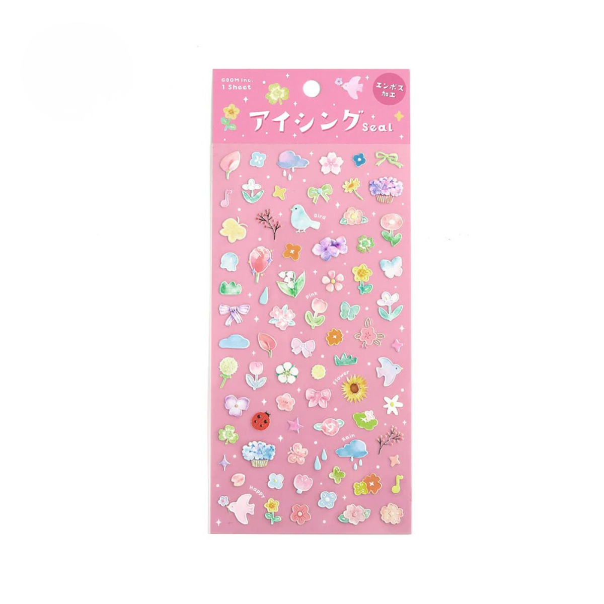 Decorative sticker sheet with various flower and springtime designs on a clear background